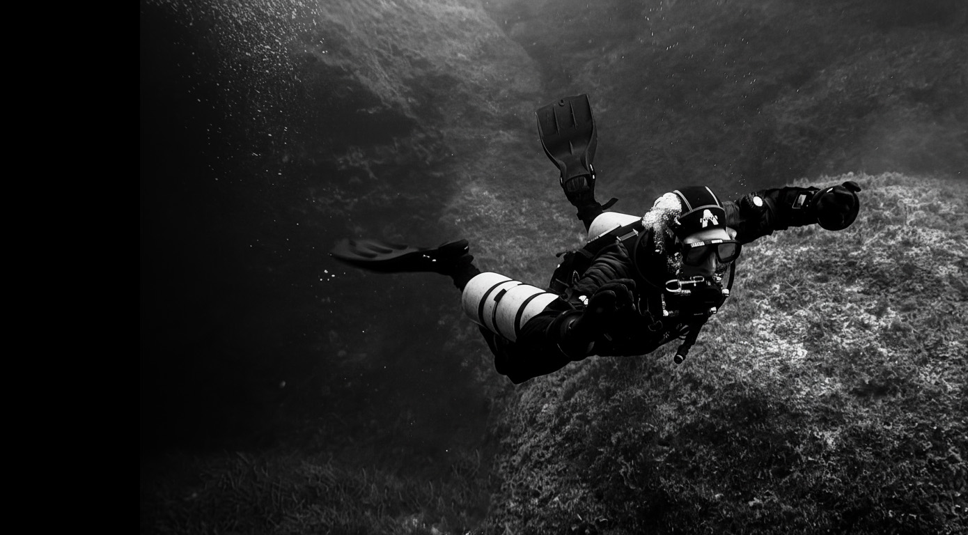 Diver underwater with calm blue lighting